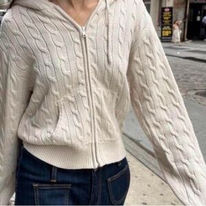 Women's Cream Cable Knit Hoodie Sweater